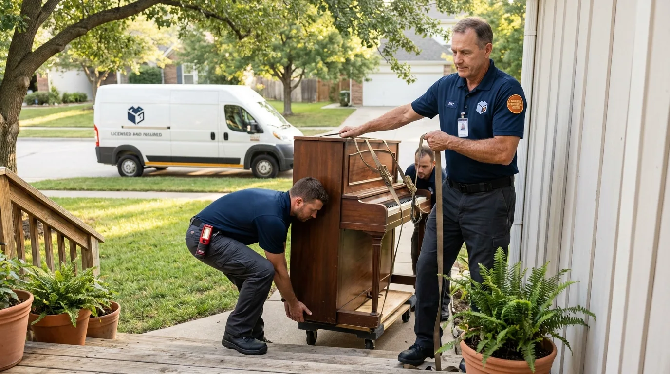 Licensed piano movers securing grand piano in Bainbridge, GA
